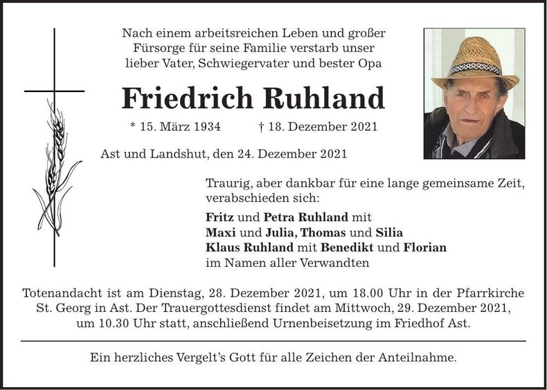 Traueranzeige Friedrich Ruhland