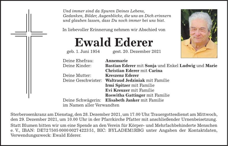 Traueranzeige Ewald Ederer