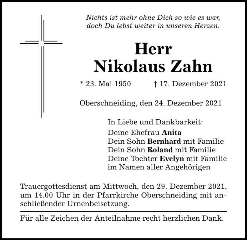 Traueranzeige Nikolaus Zahn