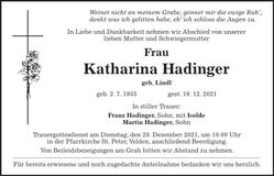 Traueranzeige Katharina Hadinger