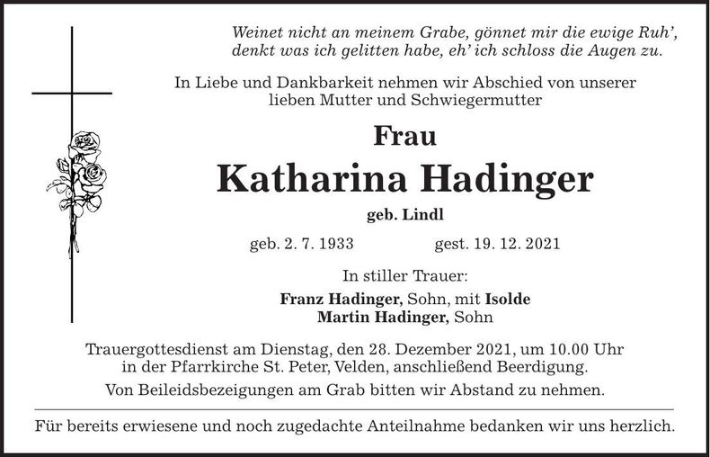 Traueranzeige Katharina Hadinger