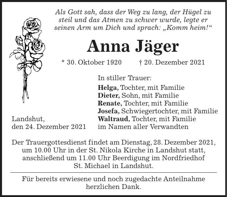 Traueranzeige Anna Jäger