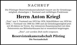 Traueranzeige Anton Kriegl