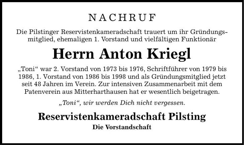 Traueranzeige Anton Kriegl