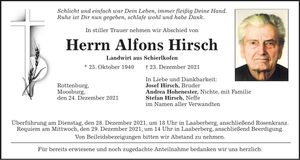 Traueranzeige Alfons Hirsch