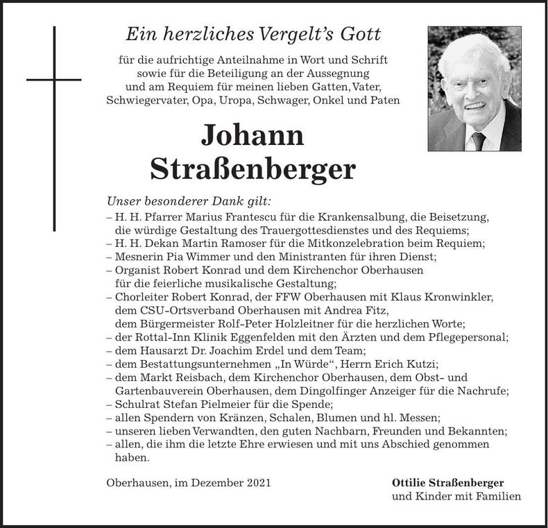 Traueranzeige Johann Straßenberger