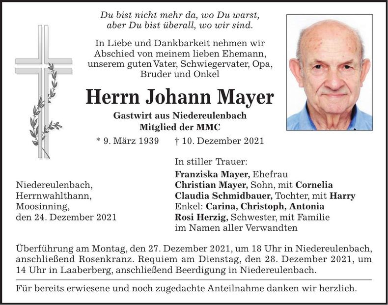 Traueranzeige Johann Mayer