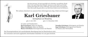 Traueranzeige Karl Griesbauer