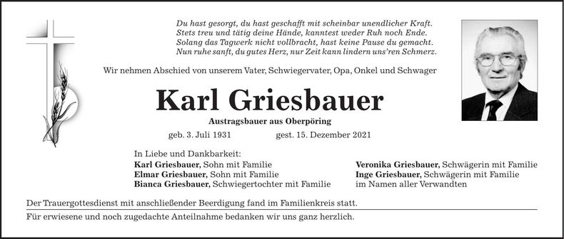 Traueranzeige Karl Griesbauer