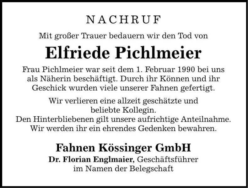 Traueranzeige Elfriede Pichlmeier