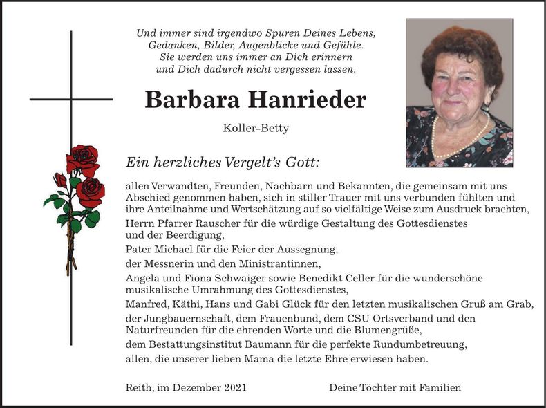 Traueranzeige Barbara Hanrieder