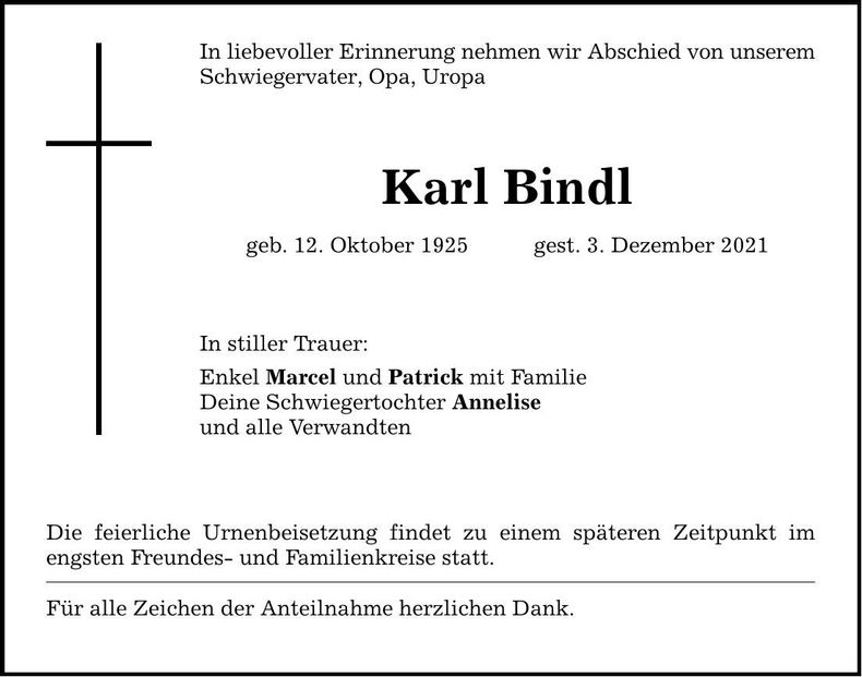Traueranzeige Karl Bindl