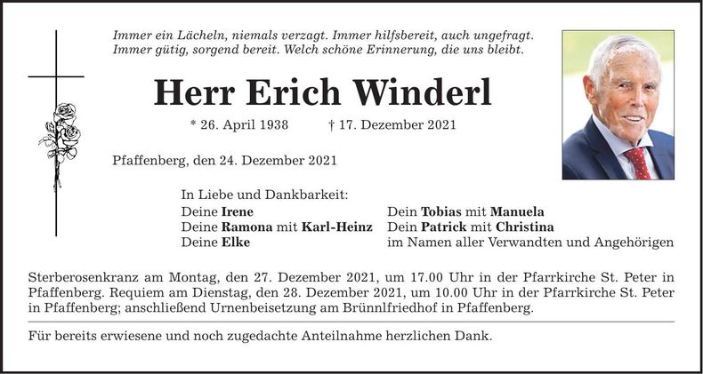 Traueranzeige Erich Winderl