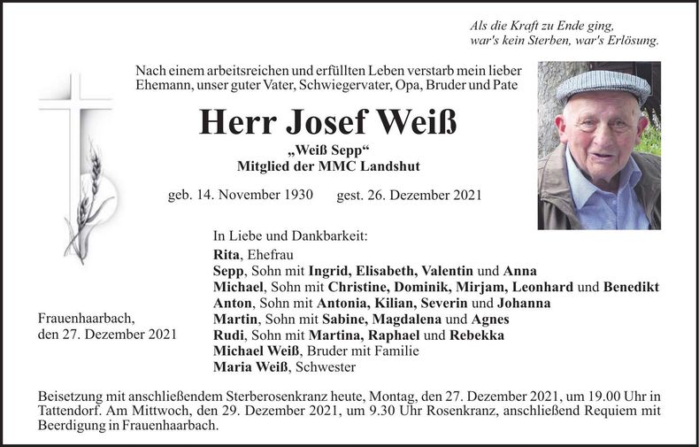 Traueranzeige Josef Weiss