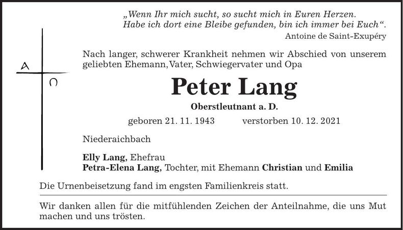 Traueranzeige Peter Lang