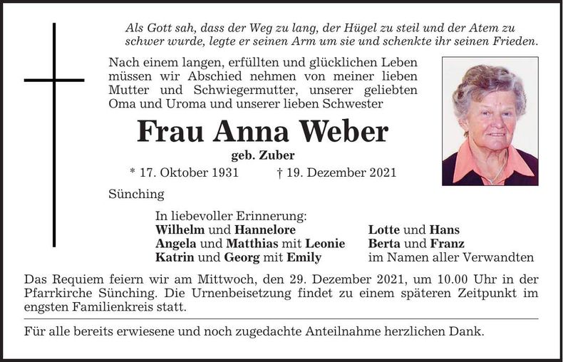 Traueranzeige Anna Weber