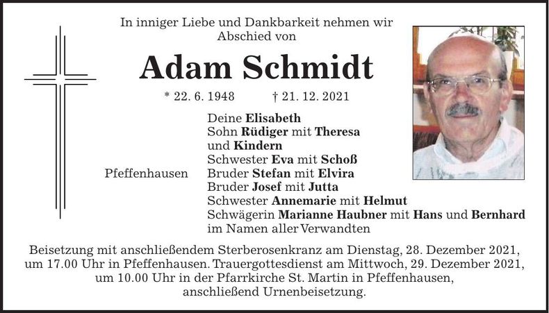 Traueranzeige Adam Schmidt