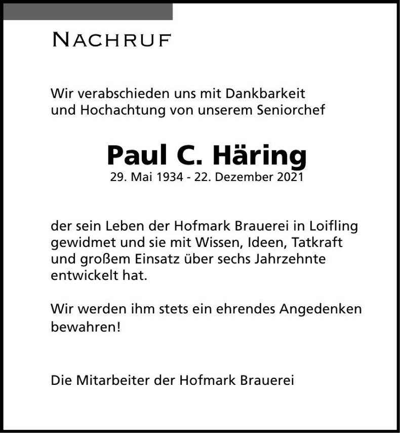 Traueranzeige Paul Häring