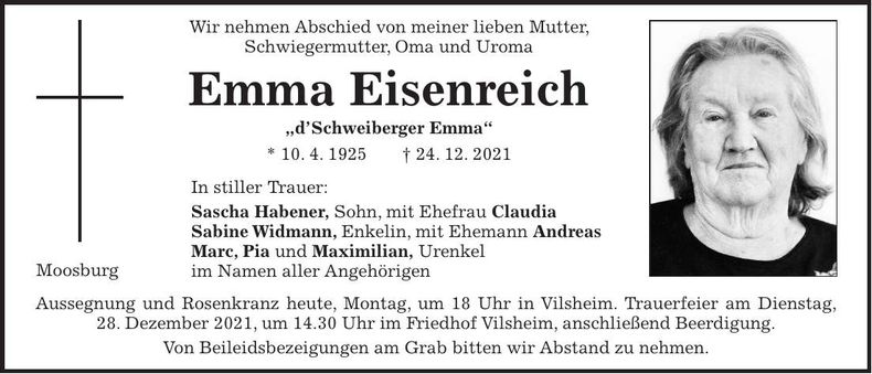 Traueranzeige Emma Eisenreich