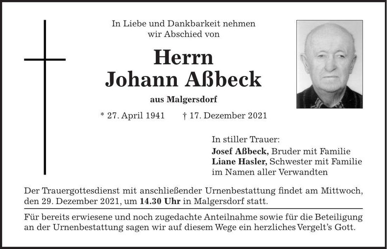 Traueranzeige Johann Aßbeck