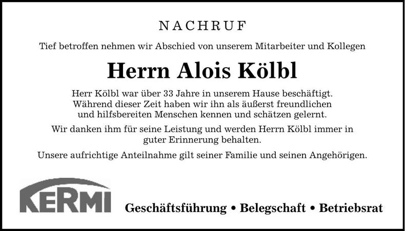 Traueranzeige Alois Kölbl