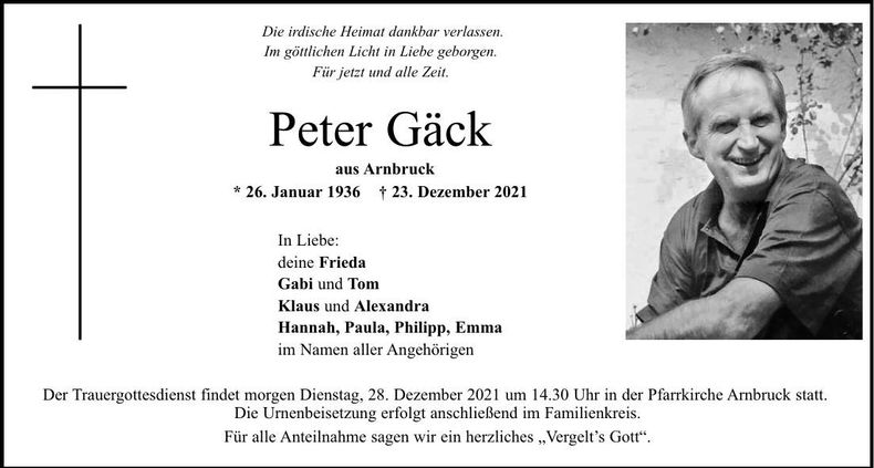 Traueranzeige Peter Gäck
