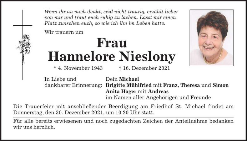 Traueranzeige Hannelore Nieslony