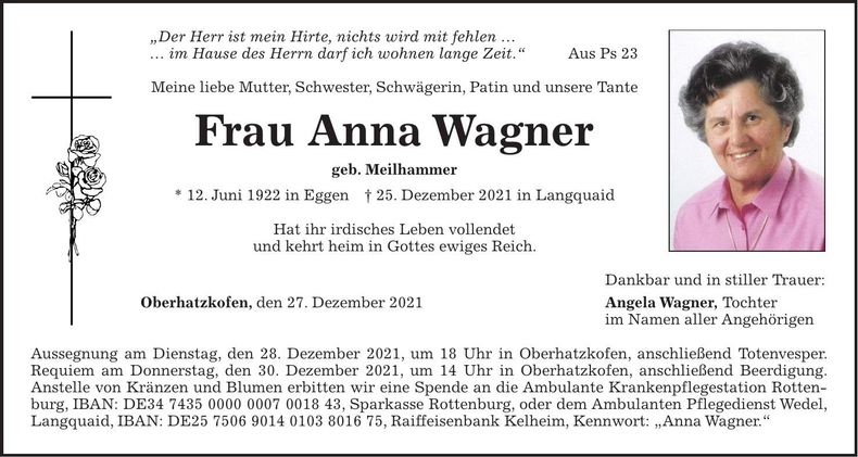 Traueranzeige Anna Wagner