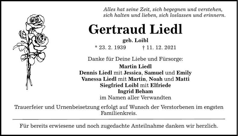 Traueranzeige Gertraud Liedl