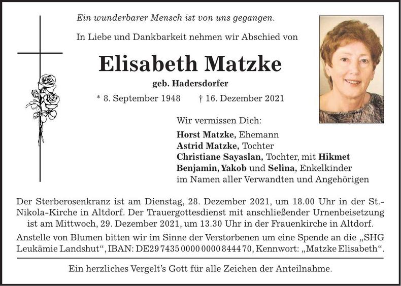 Traueranzeige Elisabeth Matzke