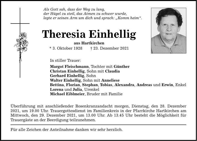 Traueranzeige Theresia Einhellig