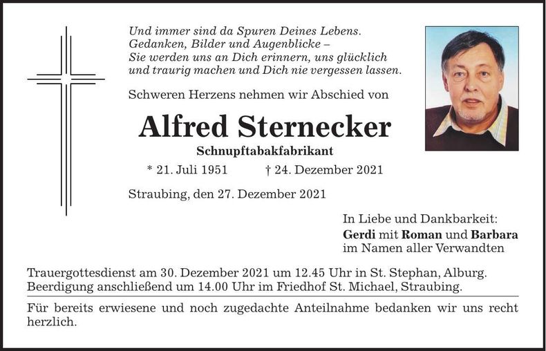 Traueranzeige Alfred Sternecker