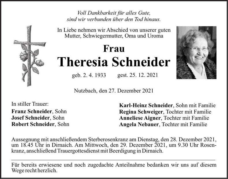 Traueranzeige Theresia Schneider