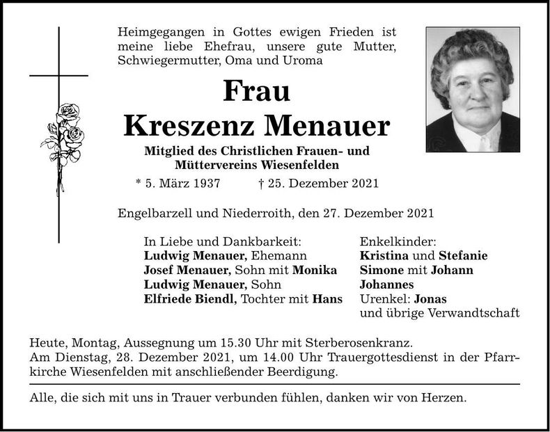 Traueranzeige Kreszenz Menauer