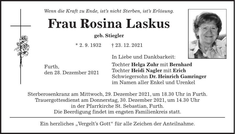 Traueranzeige Rosina Laskus