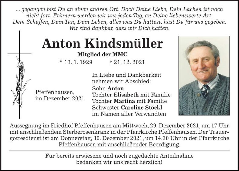Traueranzeige Anton Kindsmüller