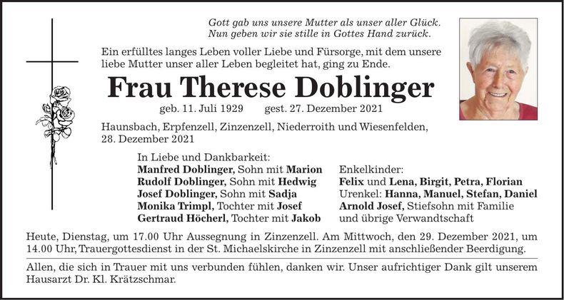 Traueranzeige Therese Doblinger
