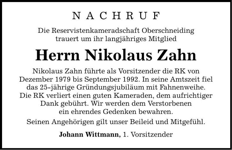 Traueranzeige Nikolaus Zahn