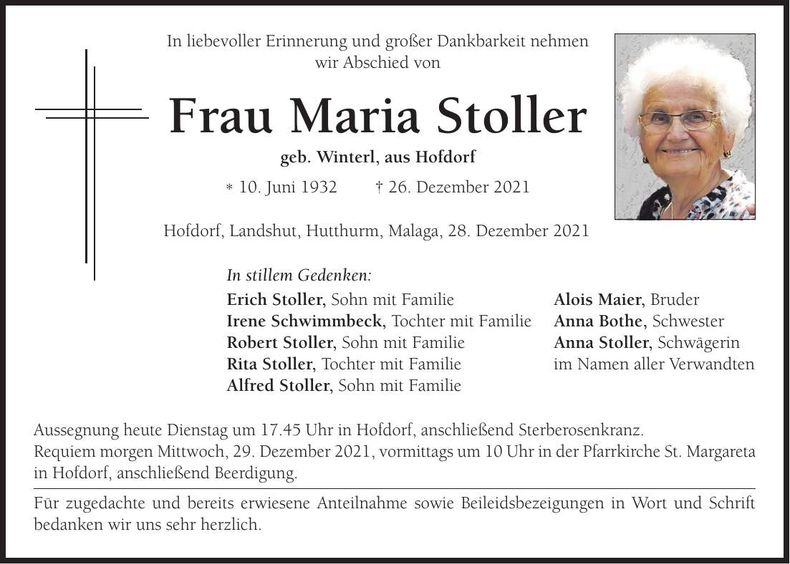 Traueranzeige Maria Stoller