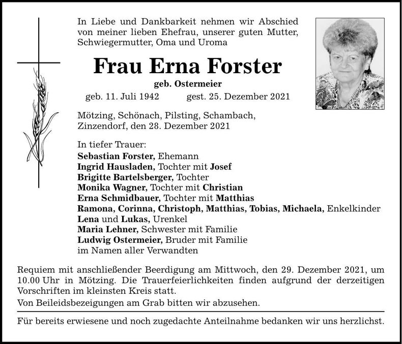 Traueranzeige Erna Forster