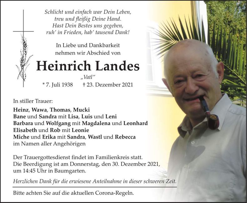 Traueranzeige Heinrich Landes, sen.