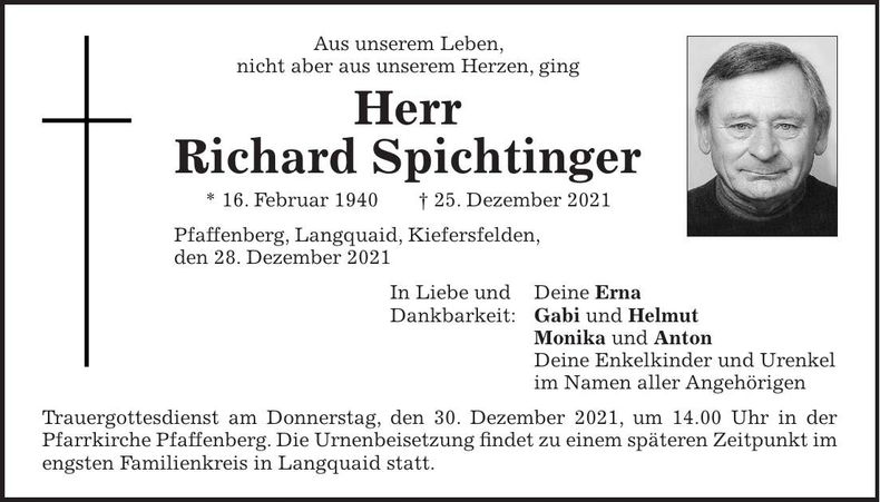 Traueranzeige Richard Spichtinger