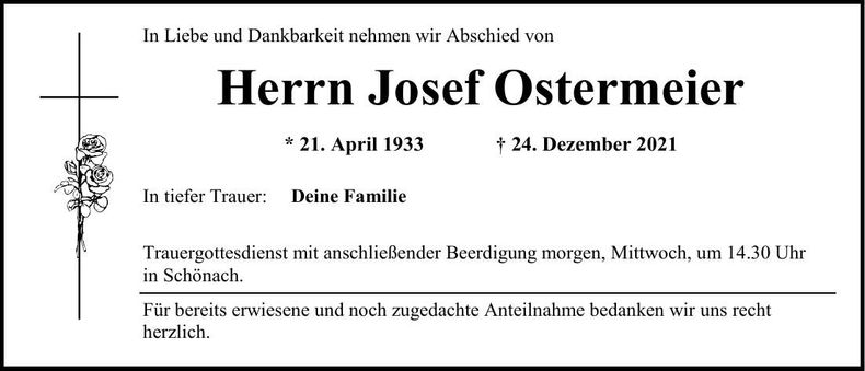 Traueranzeige Josef Ostermeier