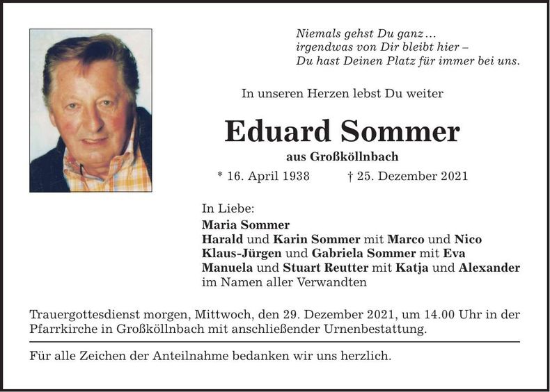 Traueranzeige Eduard Sommer