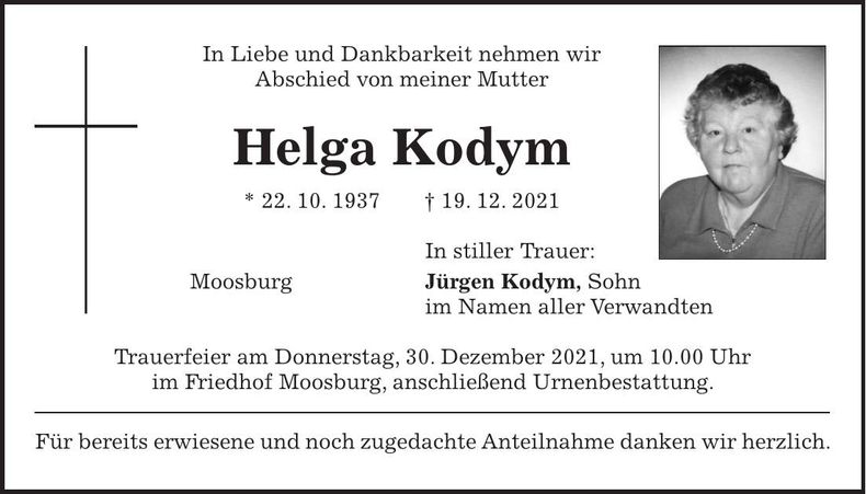 Traueranzeige Helga Kodym