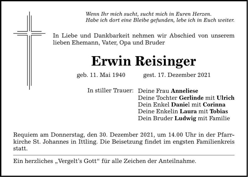 Traueranzeige Erwin Reisinger