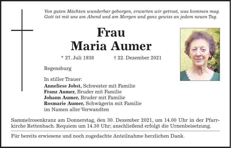 Traueranzeige Maria Aumer