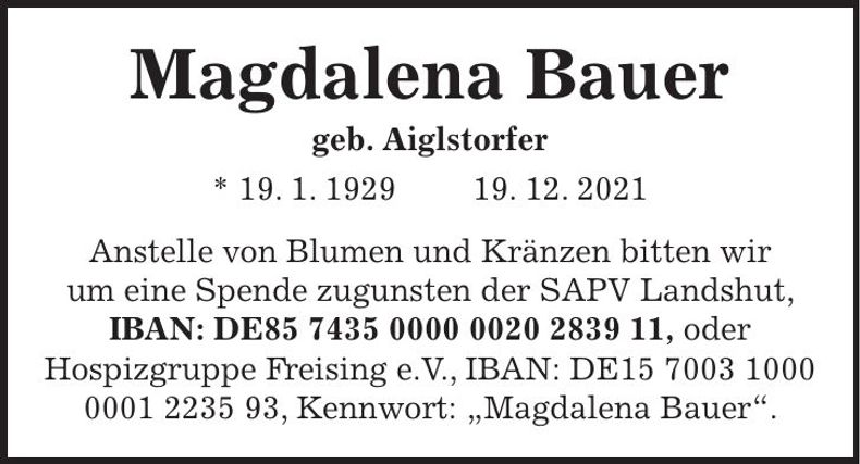 Traueranzeige Magdalena Bauer