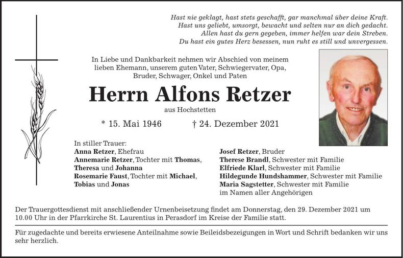 Traueranzeige Alfons Retzer