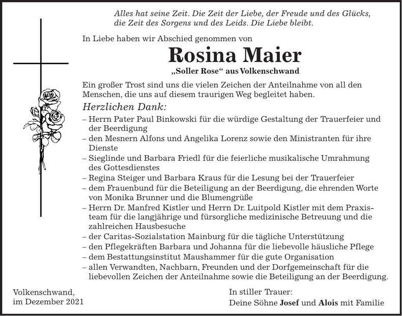 Traueranzeige Rosina Maier